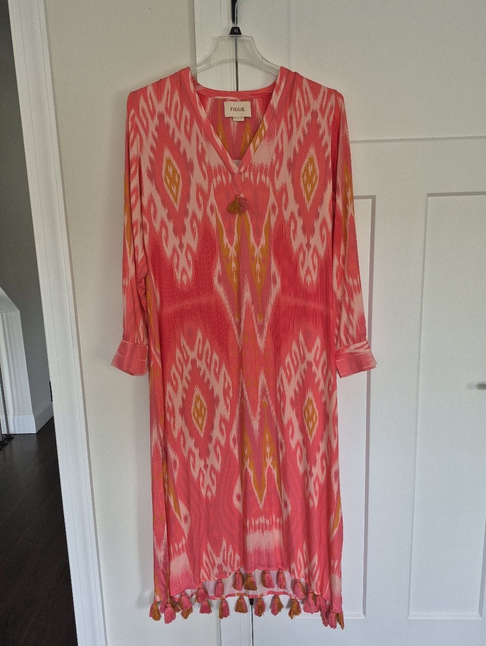 Figue Dress Margaux Salome Ikat Sunset Coral Tassel Kaftan Size L - Picture 7 of 16